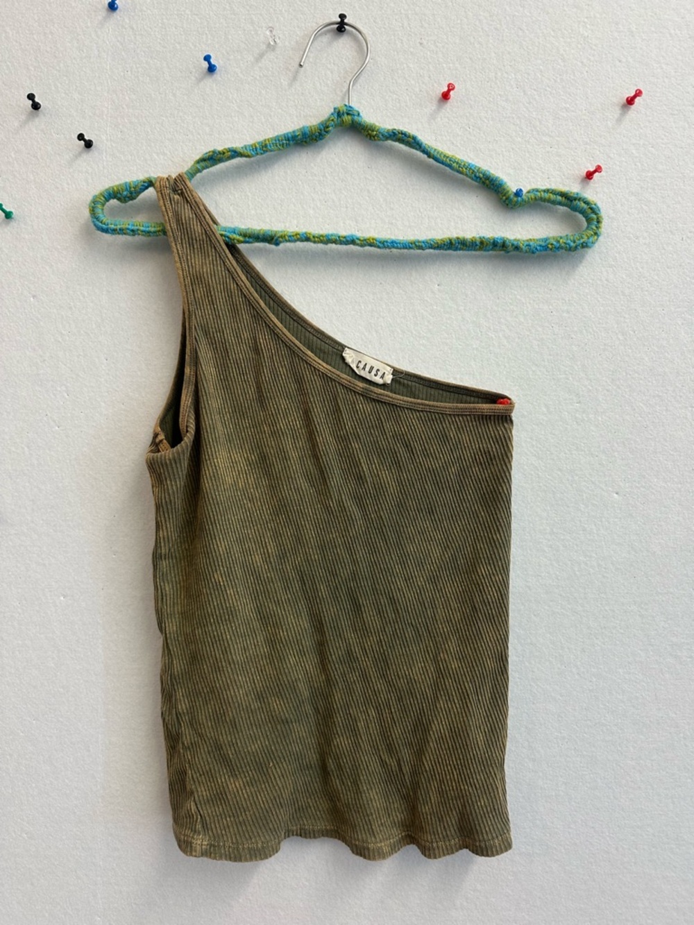 Lacausa One-Shoulder Ribbed Tank Top in Olive Green 100% cotton
